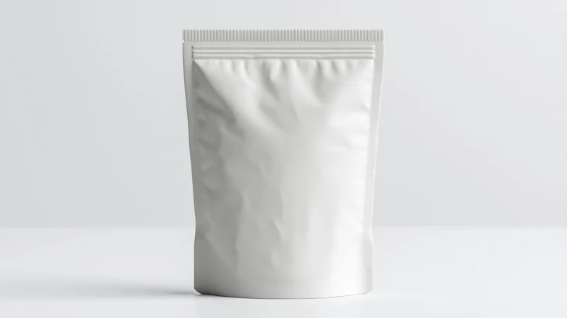 Blank white foil snack pouch standing upright on white surface