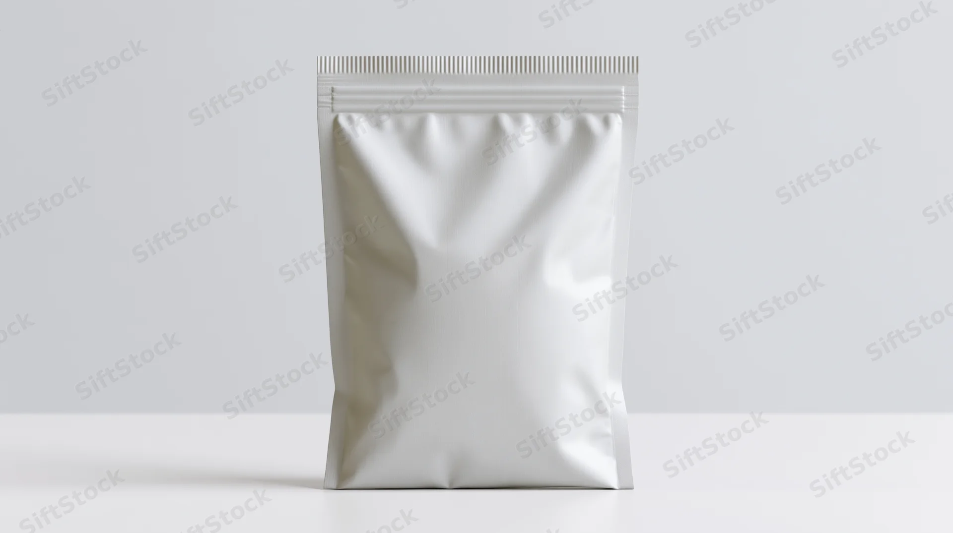 Blank white foil snack pouch standing upright on white surface