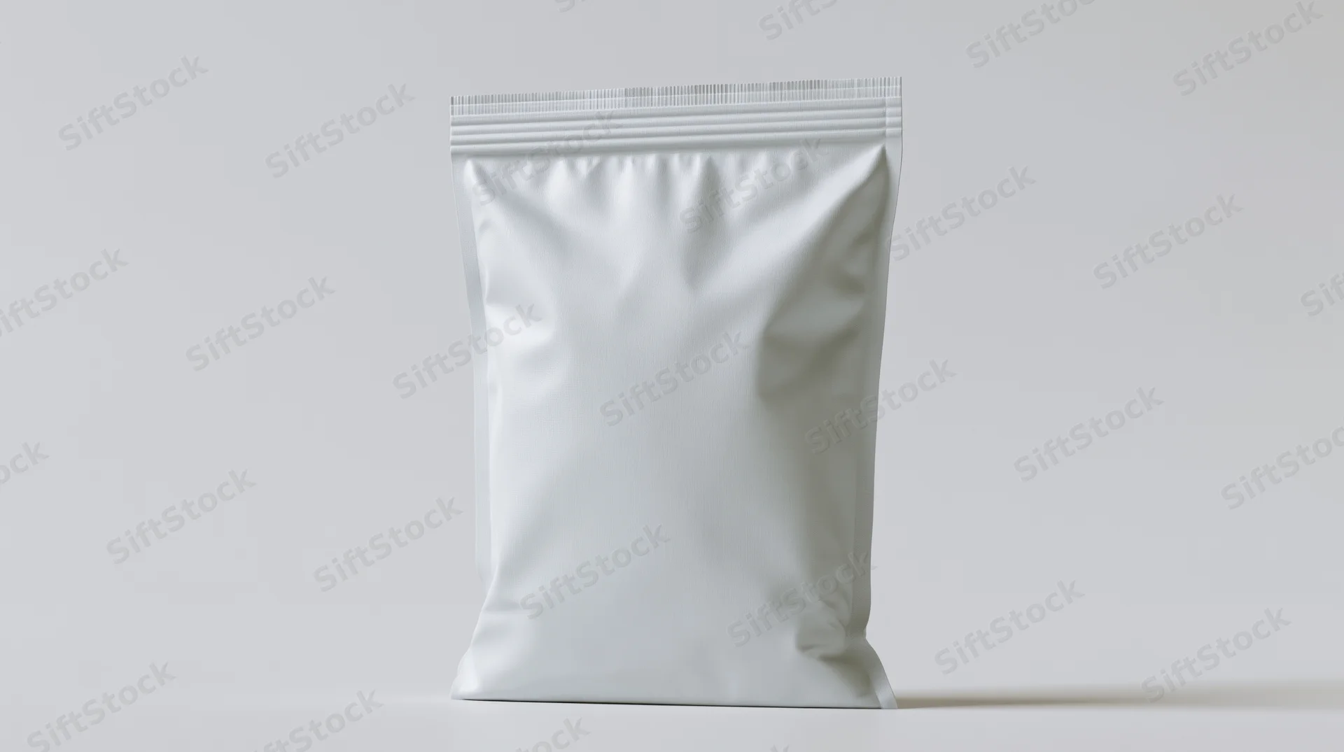 Blank white foil snack pouch standing upright on white surface