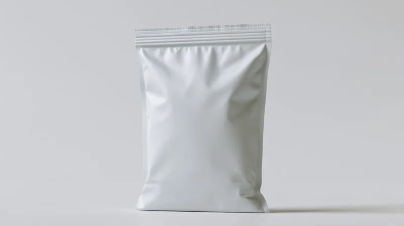 Blank white foil snack pouch standing upright on white surface