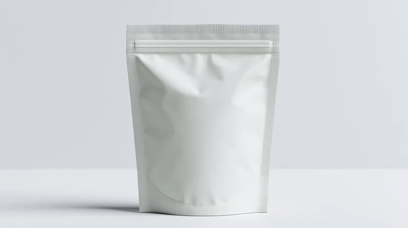 Blank white foil snack pouch standing upright on a white surface