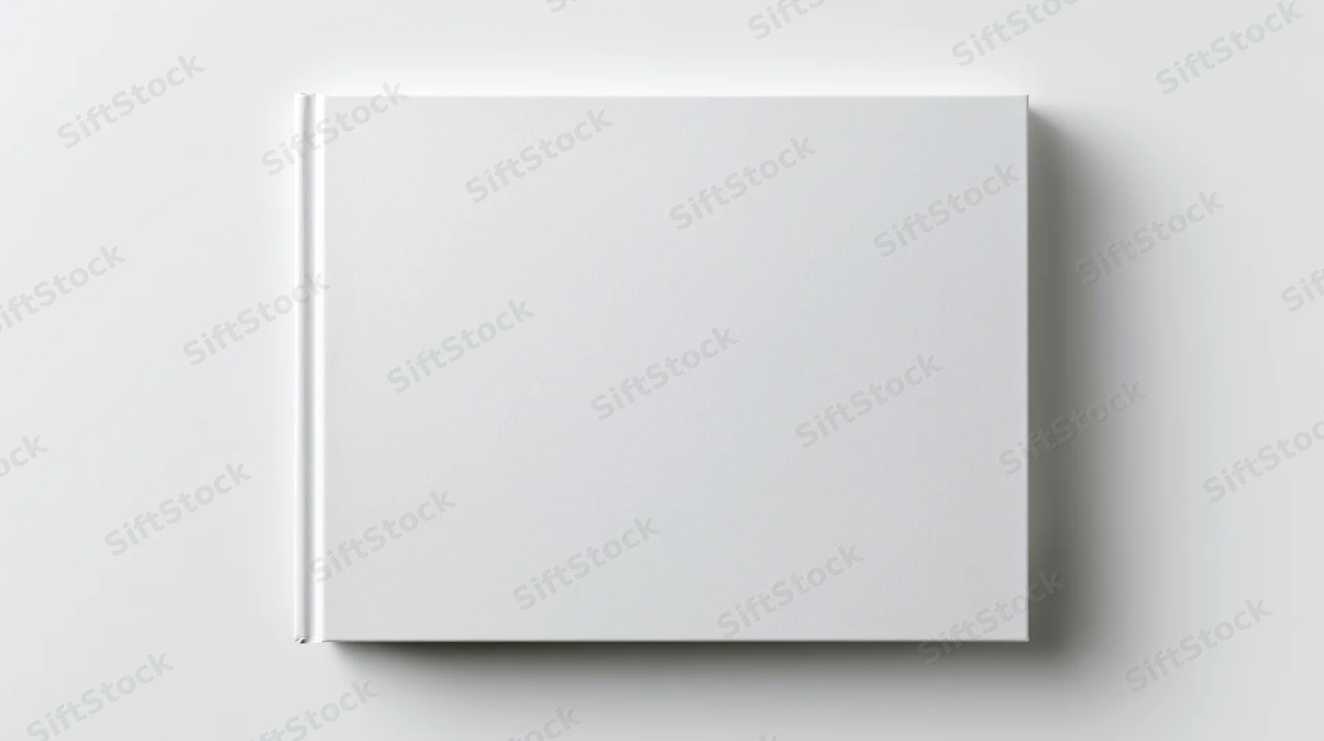 Blank white hardcover book lying flat on a white surface viewed from directly above