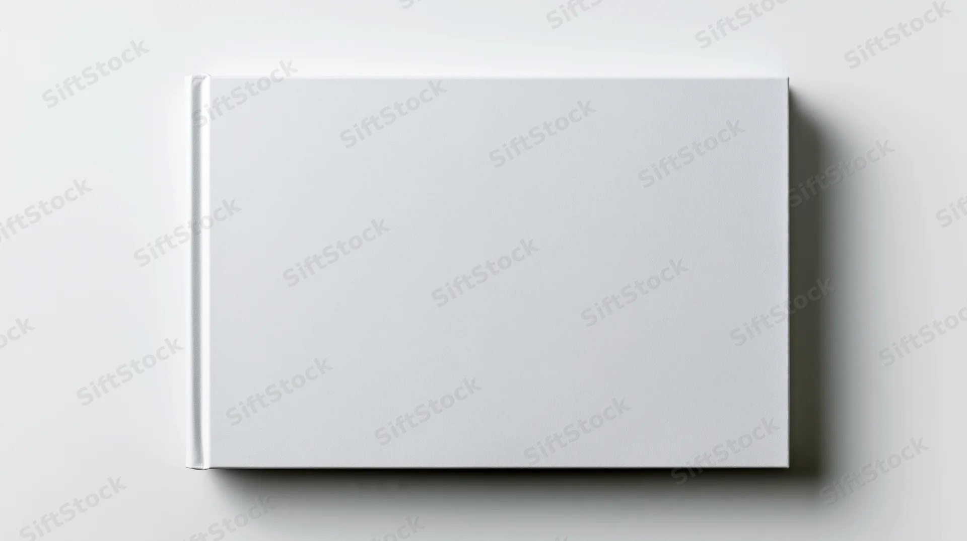 Blank white hardcover book lying flat on a white surface viewed from directly above