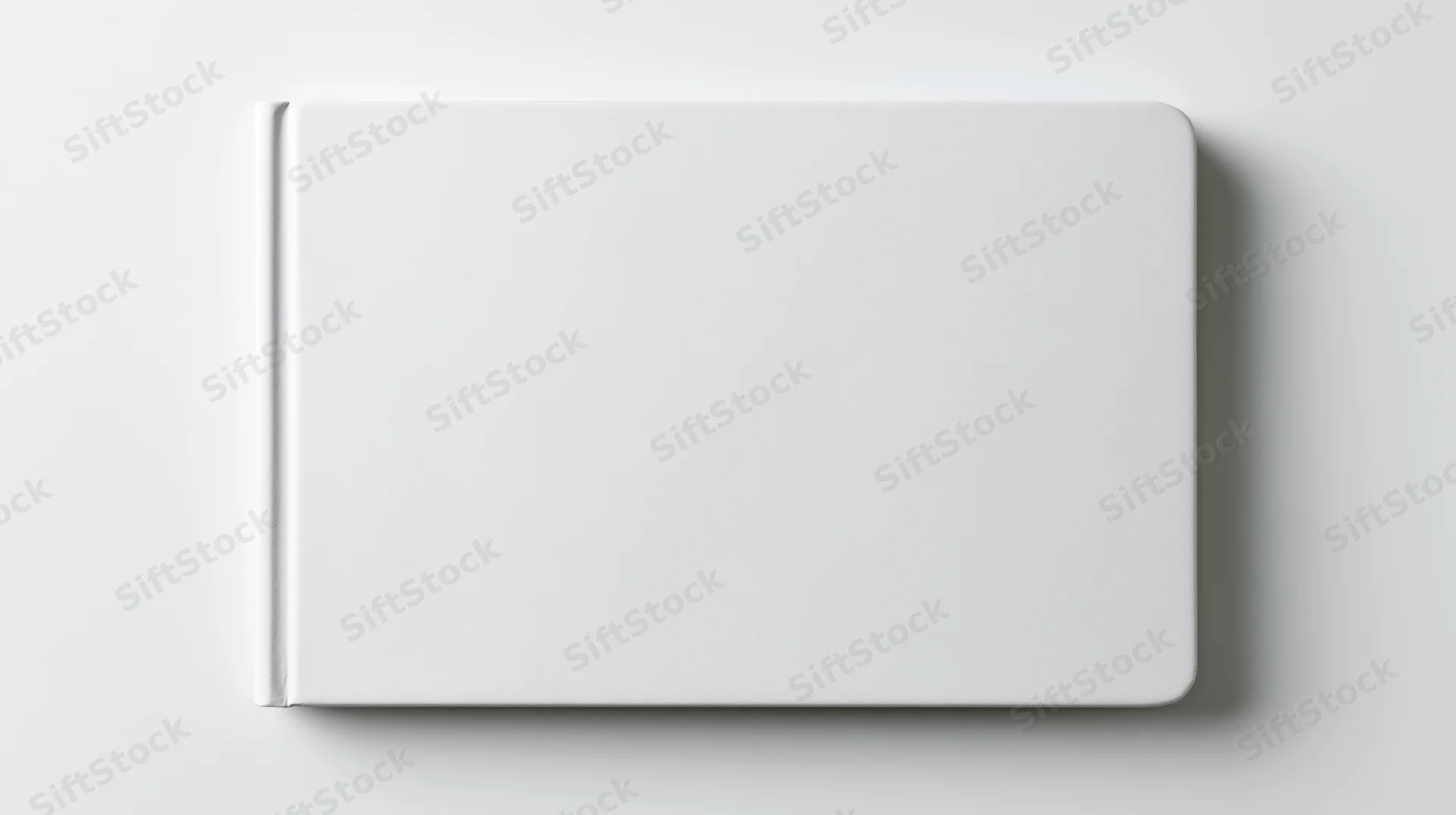Blank white hardcover book lying flat on white surface viewed from above