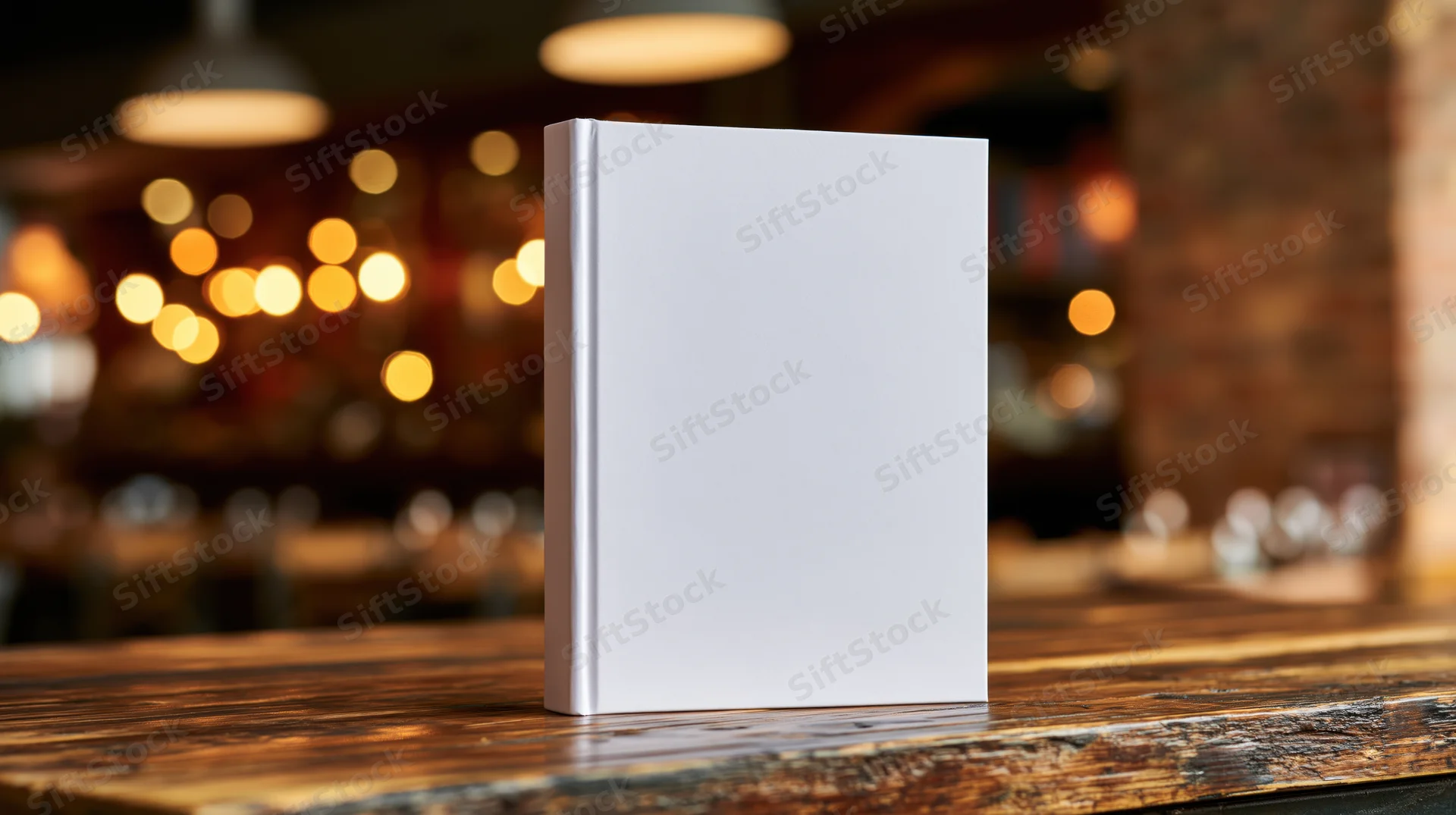 Blank white hardcover book standing upright on a worn wooden table in a warm-lit bar interior