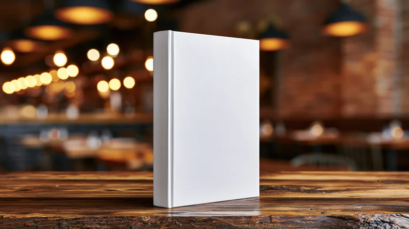 Blank white hardcover book standing upright on a worn wooden table in a cozy restaurant interior