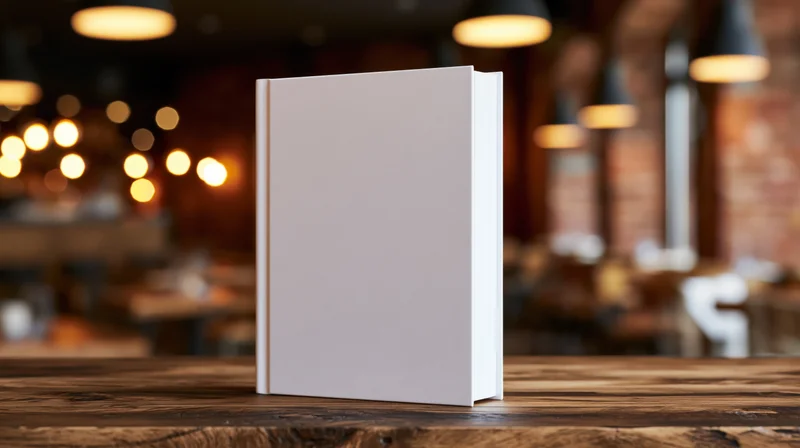 Blank white hardcover book standing upright on a wooden table in a warmly lit restaurant interior