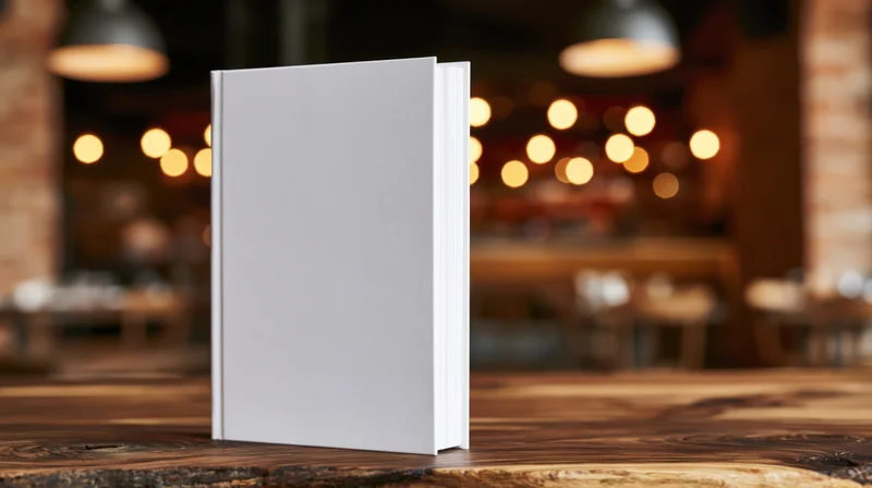 Blank white hardcover book standing upright on a worn wooden table in a cozy cafe interior