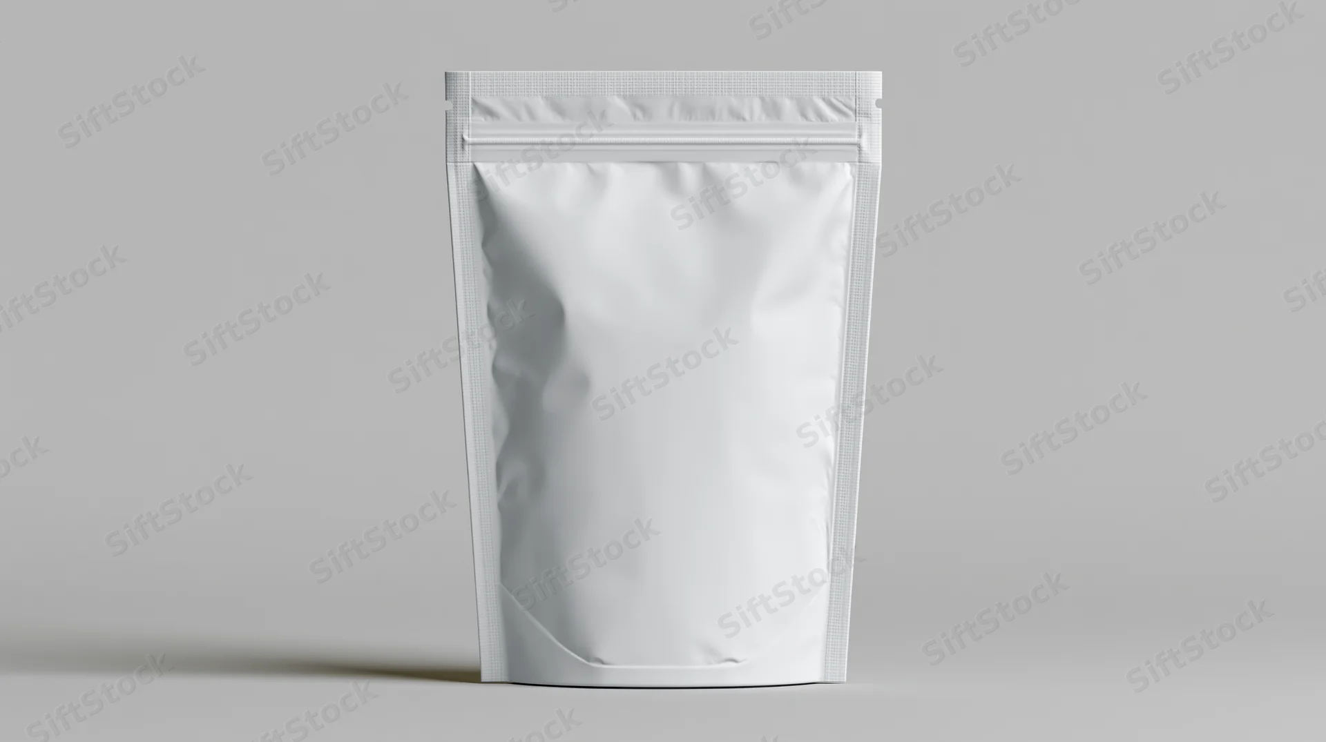 Blank white foil pouch standing upright centered on neutral background