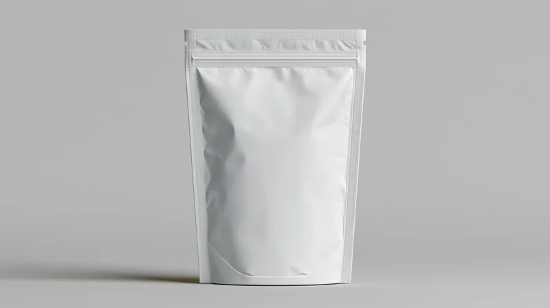 Blank white foil pouch standing upright centered on neutral background