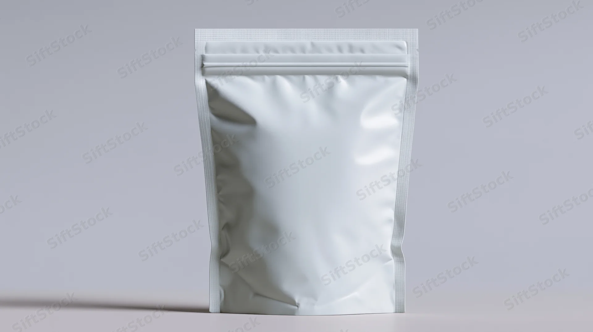 Blank white foil pouch standing upright centered on a plain surface