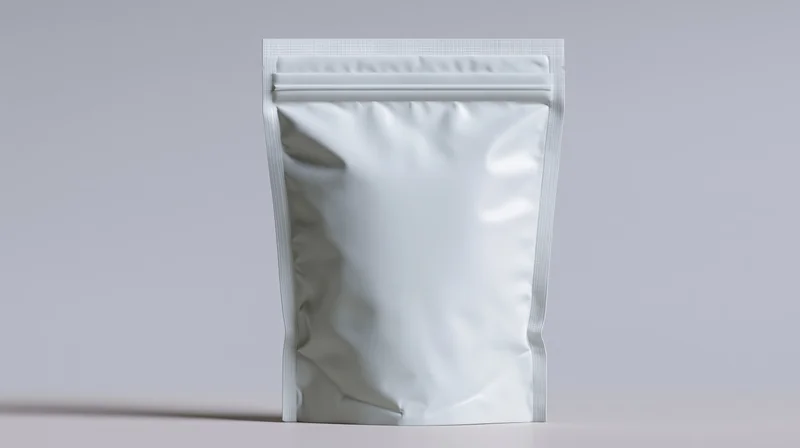 Blank white foil pouch standing upright centered on a plain surface