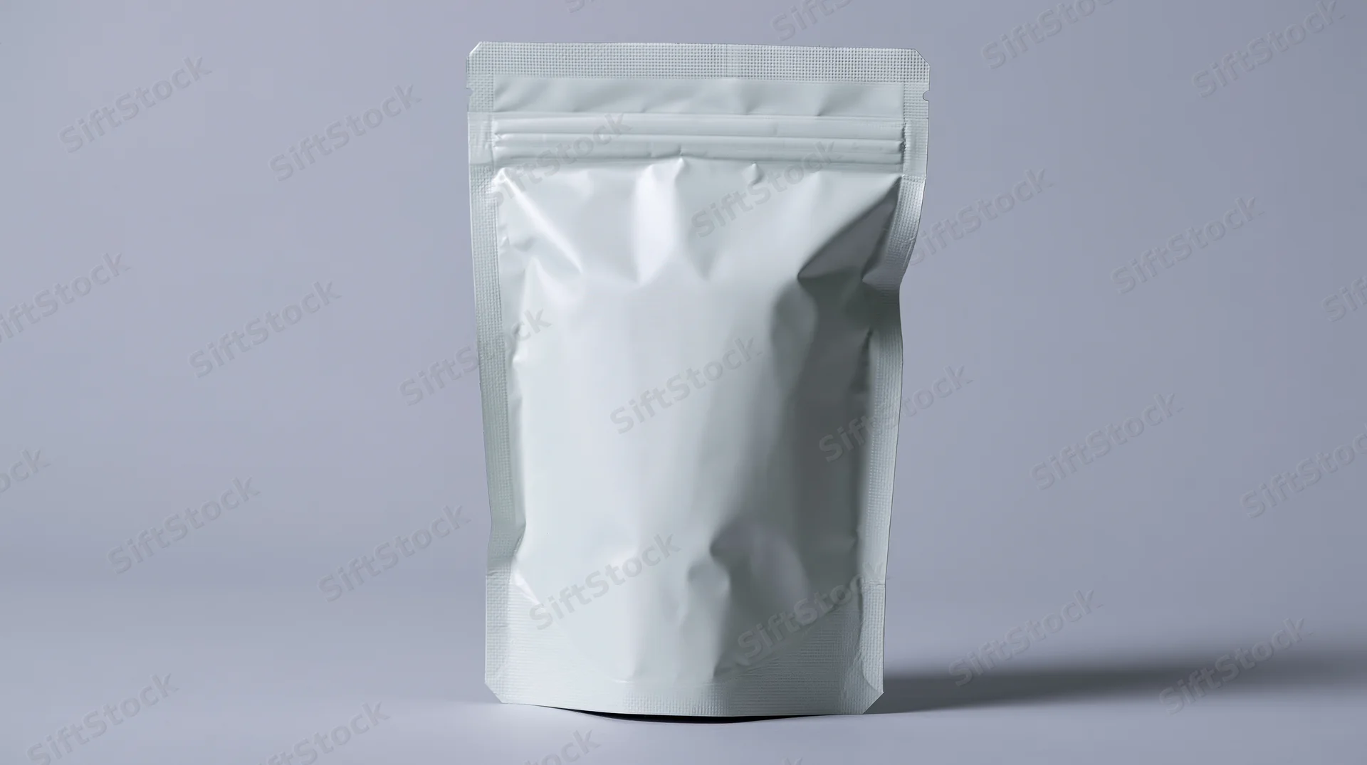 White matte foil pouch standing upright centered on a plain background