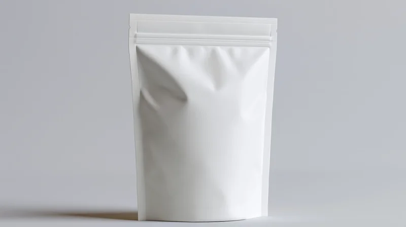 White matte stand-up pouch bag standing upright on a plain surface with copyspace for branding