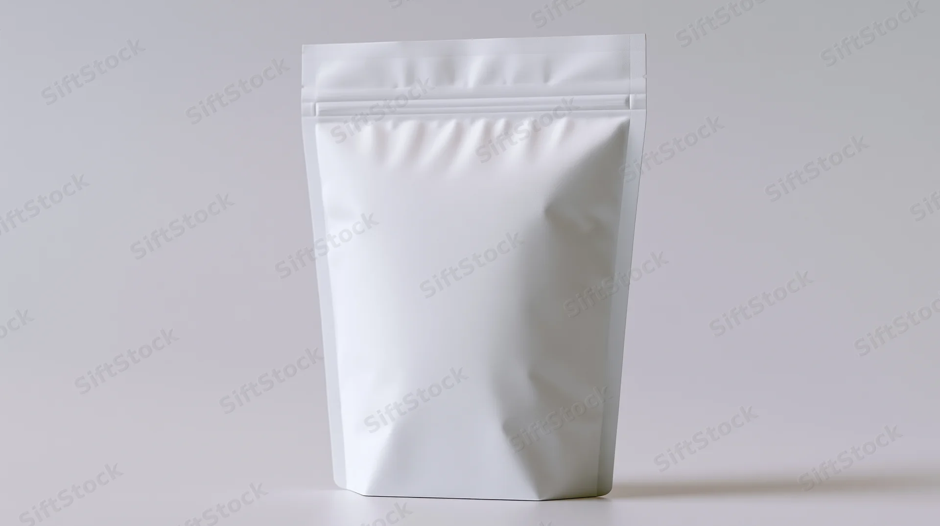 White stand-up pouch bag standing upright on a plain surface with copyspace