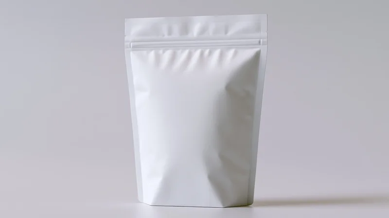 White stand-up pouch bag standing upright on a plain surface with copyspace