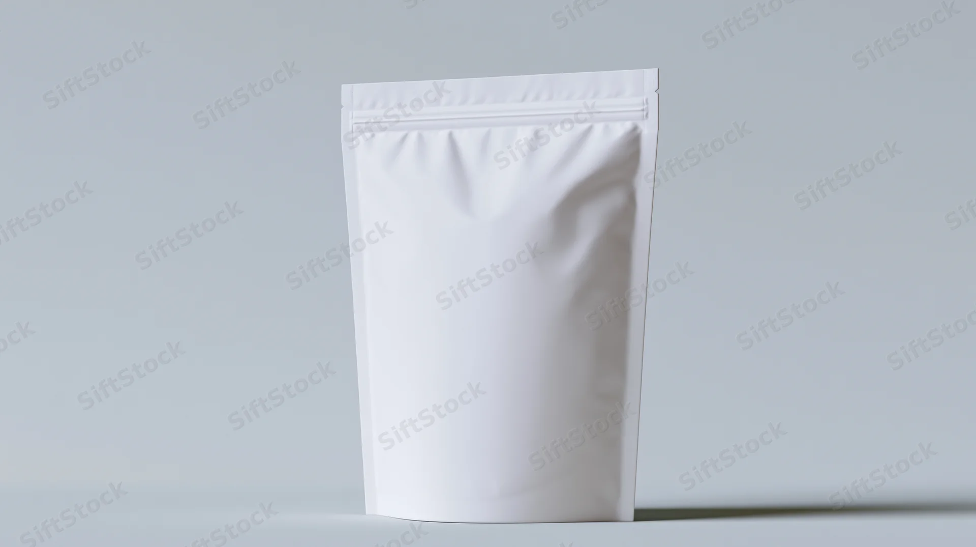 Blank white matte stand-up pouch bag standing upright on a flat surface with copyspace