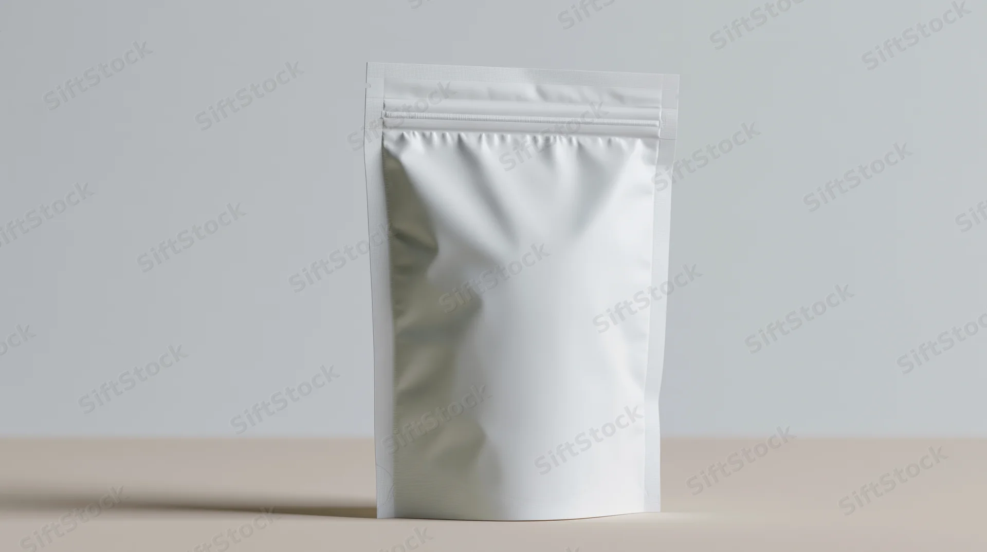 Blank white stand-up pouch with zipper standing upright on a beige surface