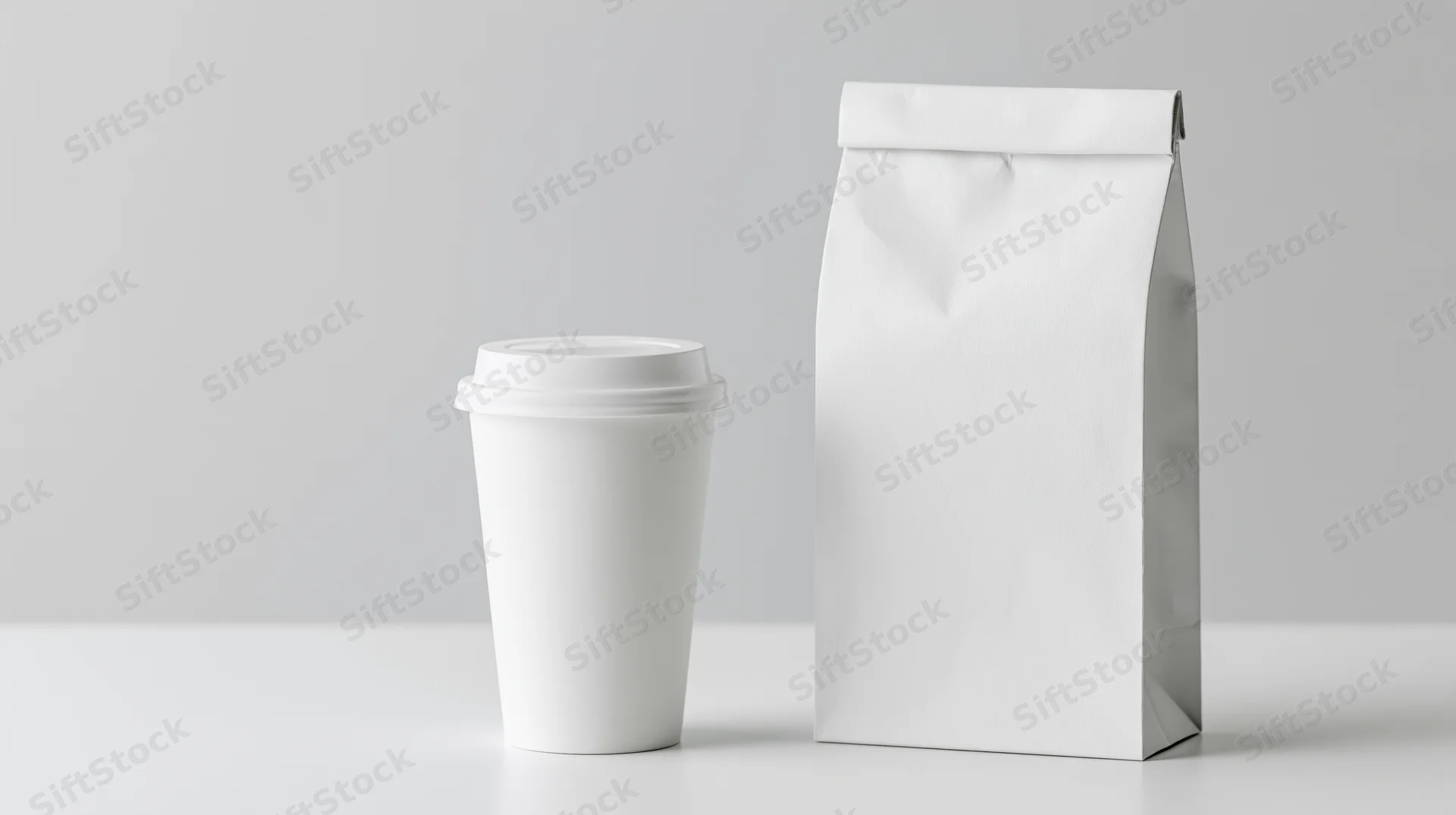 White paper coffee cup with lid and white paper bag on a plain surface