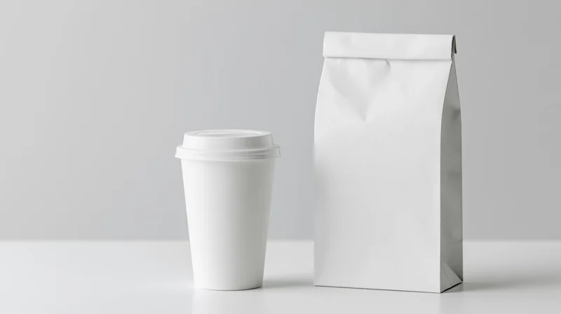 White paper coffee cup with lid and white paper bag on a plain surface
