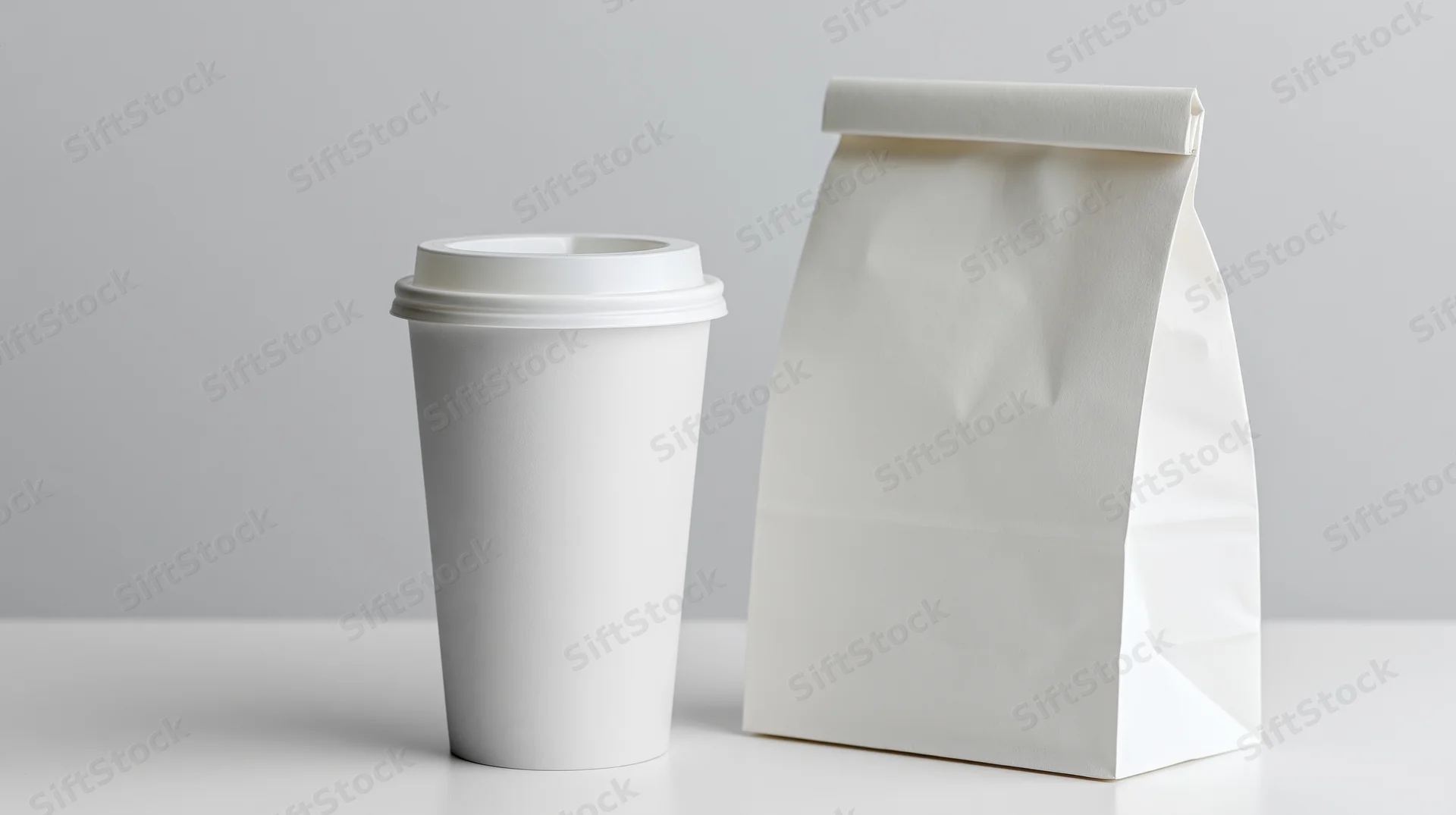 White paper coffee cup with lid beside a white paper bag on a plain surface