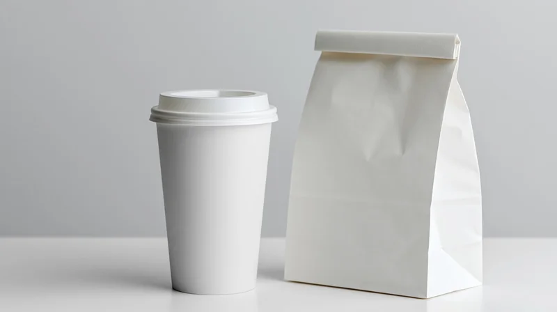 White paper coffee cup with lid beside a white paper bag on a plain surface
