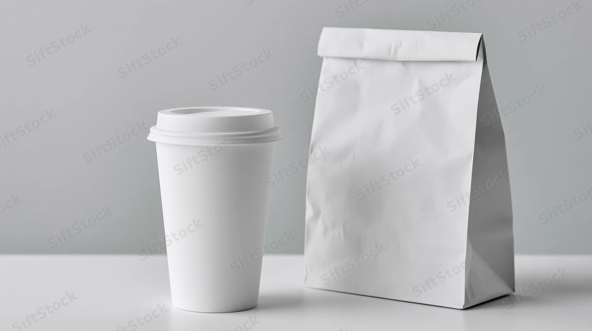 White paper coffee cup with lid beside a white paper bag on a plain surface