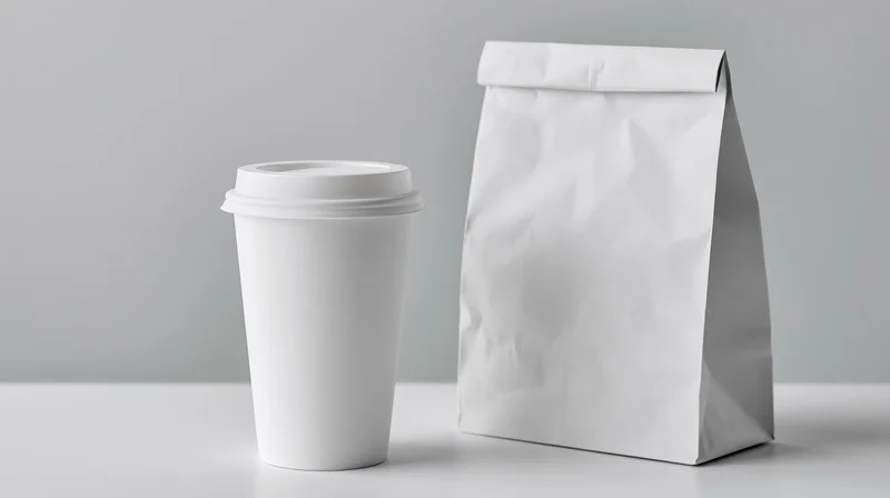 White paper coffee cup with lid beside a white paper bag on a plain surface