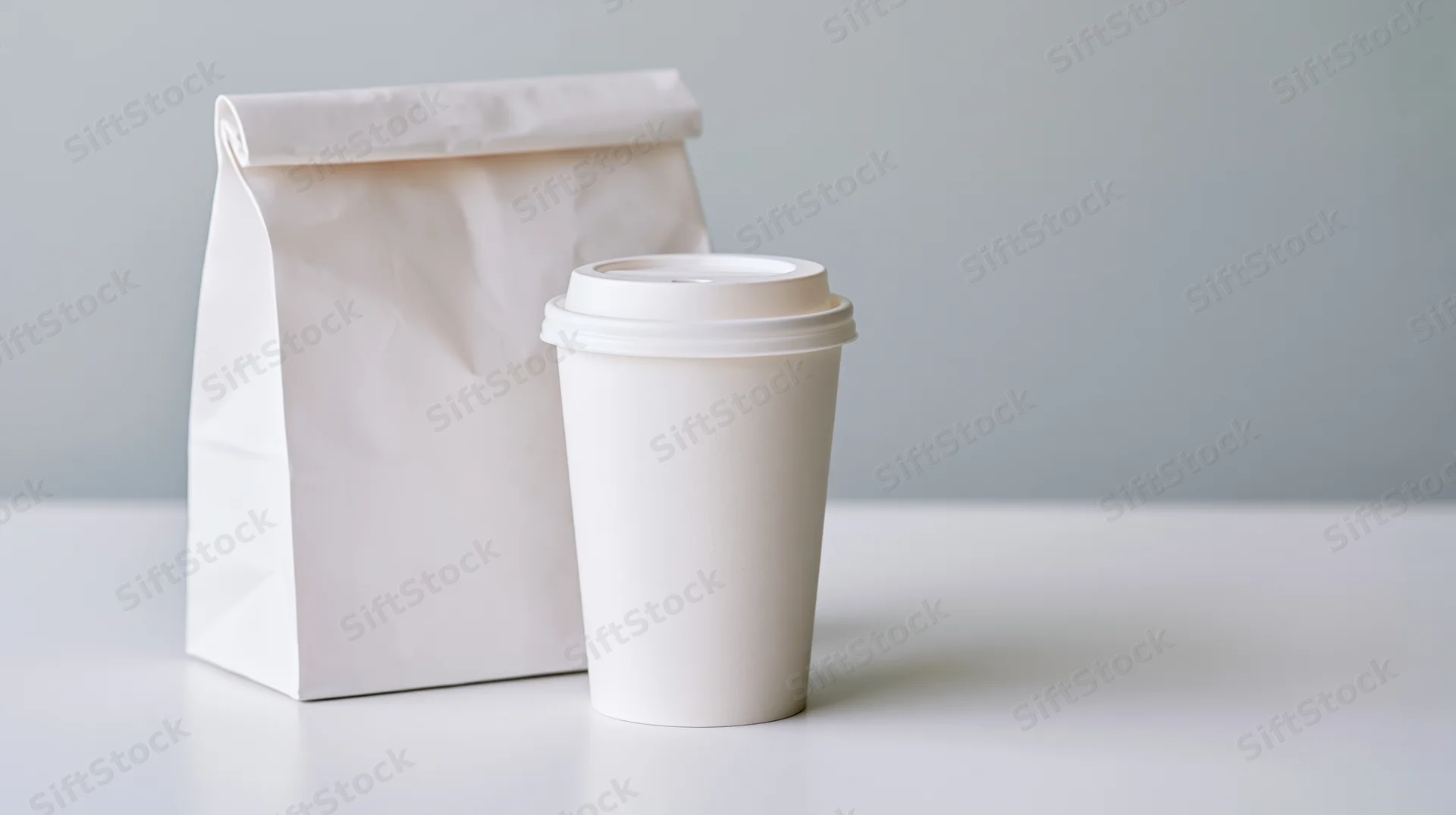 White paper coffee cup with lid beside a white takeout bag on a plain surface