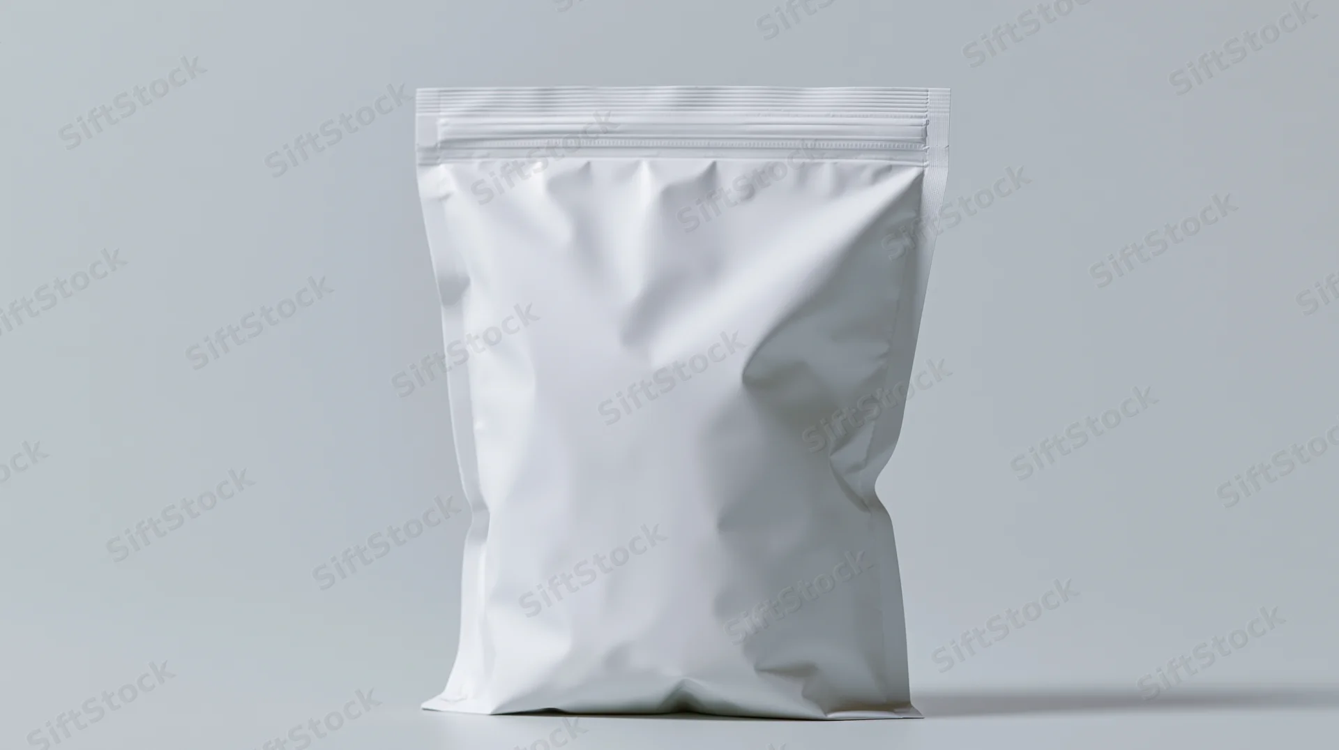 Blank white plastic snack bag standing upright centered in frame with copyspace