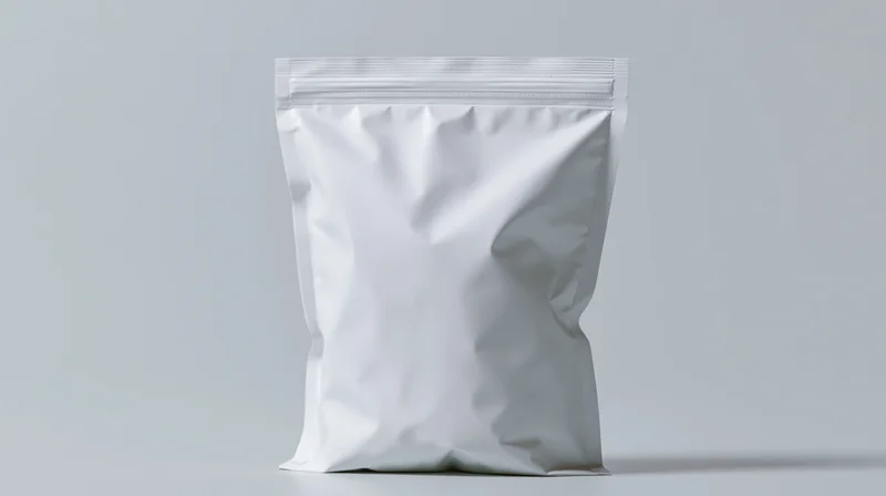 Blank white plastic snack bag standing upright centered in frame with copyspace