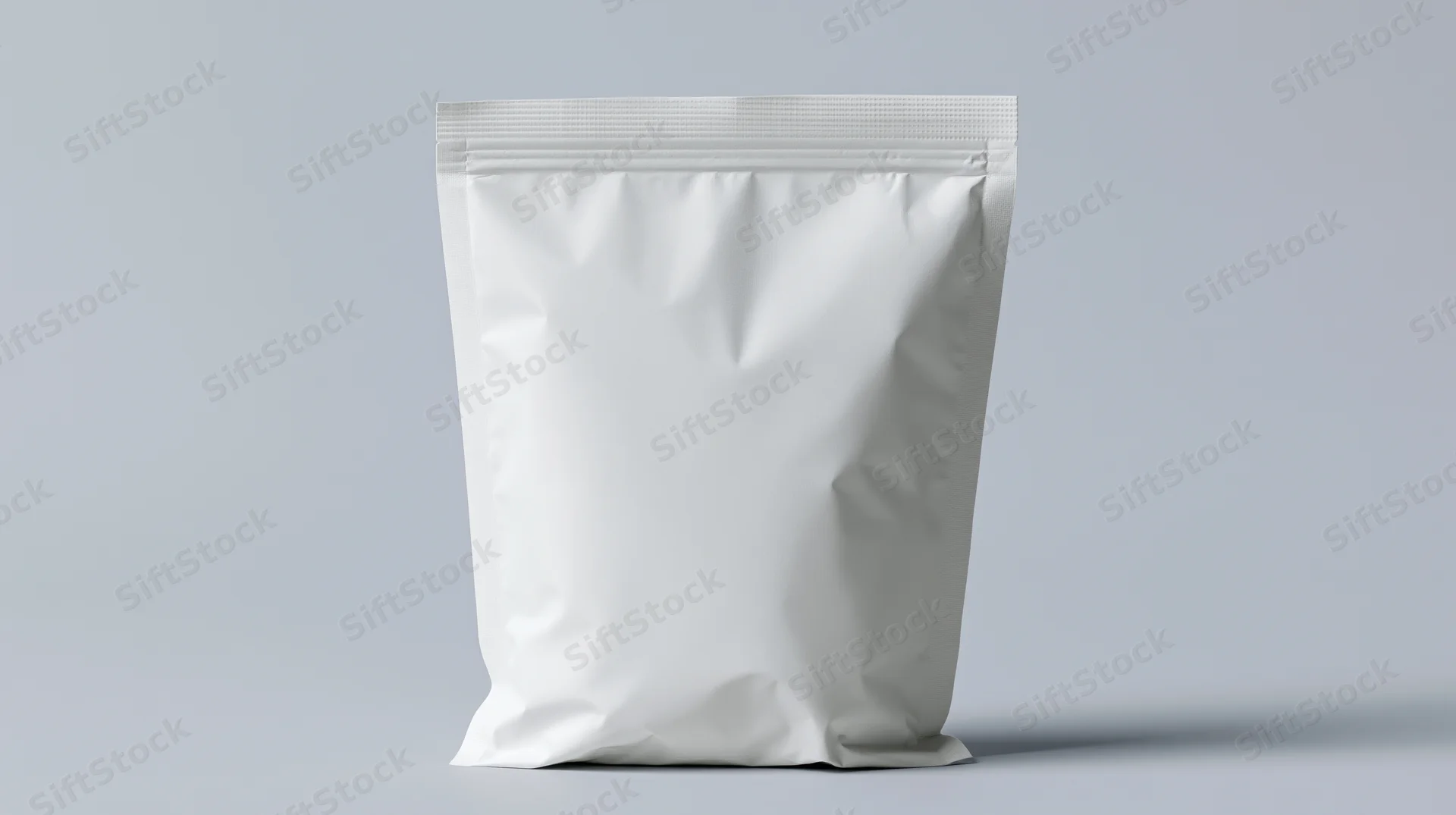 Blank white plastic snack bag standing upright centered in frame