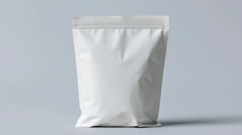 Blank white plastic snack bag standing upright centered in frame