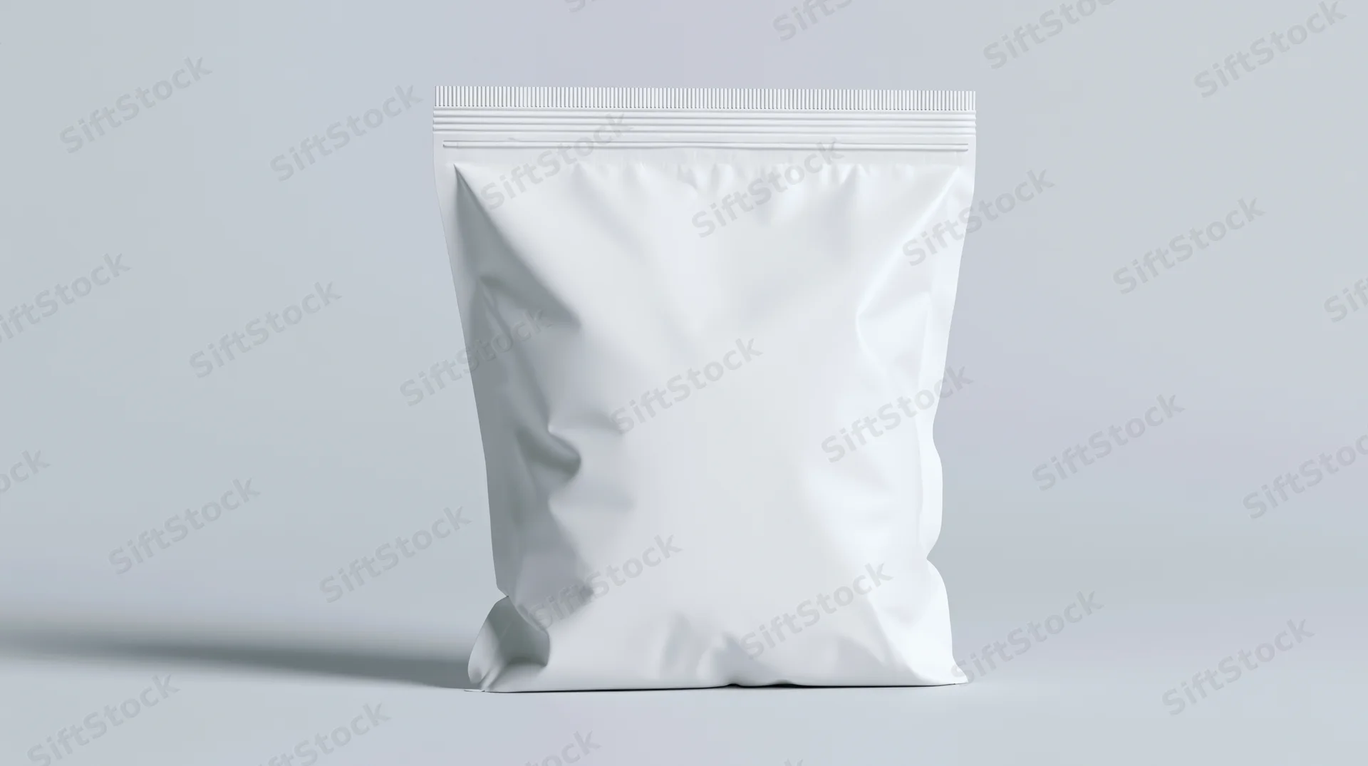 Blank white plastic snack bag standing upright centered in frame on light gray surface