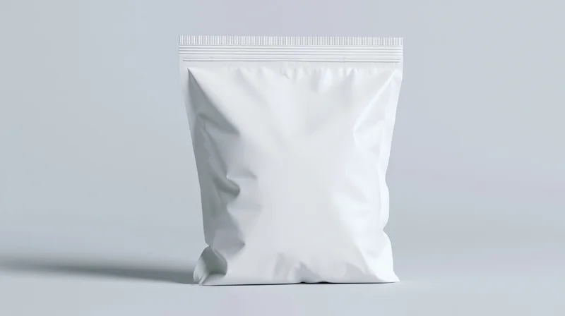 Blank white plastic snack bag standing upright centered in frame on light gray surface