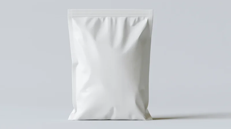 Blank white plastic snack bag standing upright centered in frame