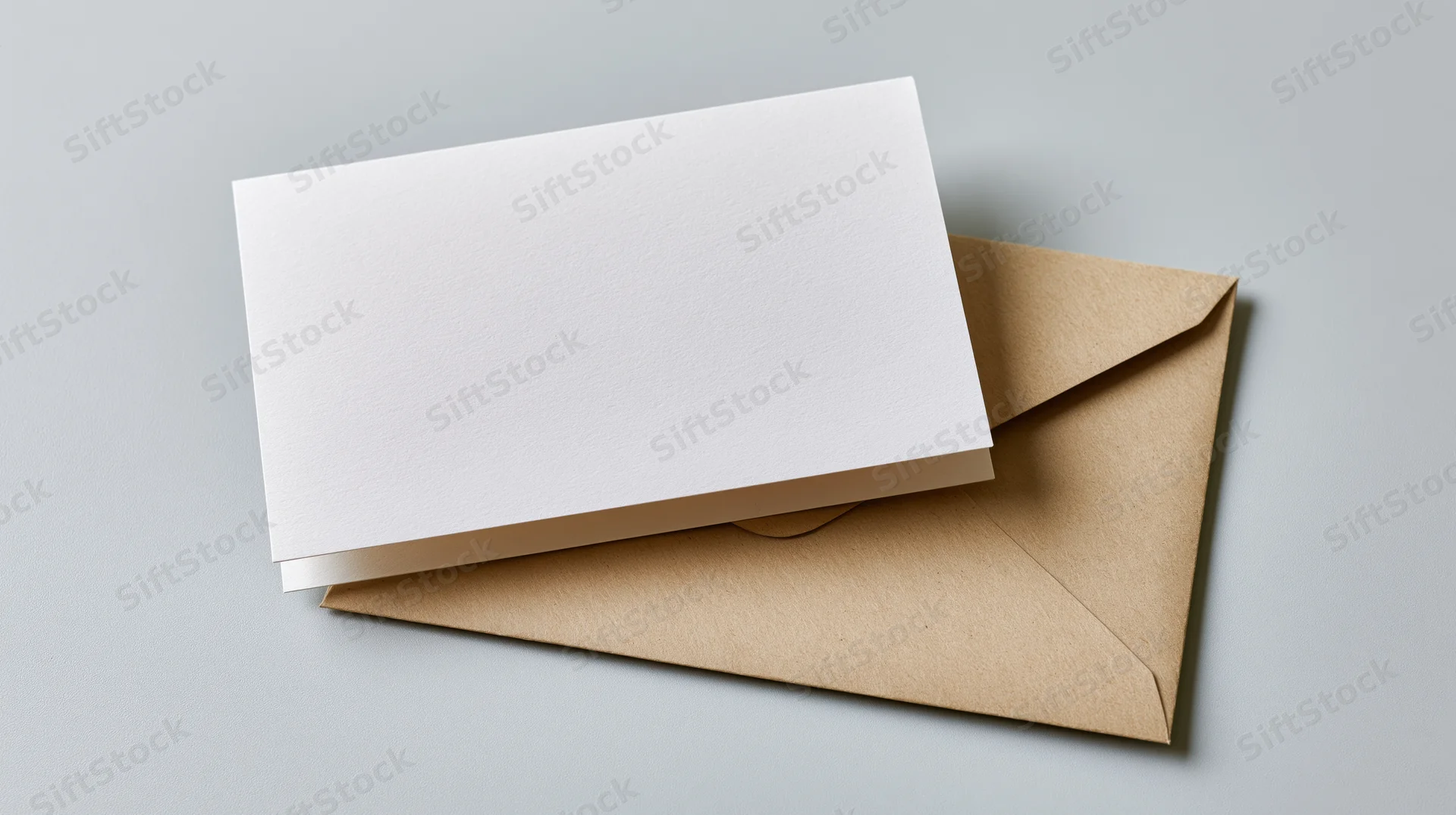 Blank white card resting on kraft envelope on light gray surface
