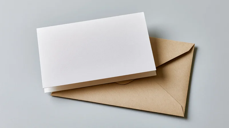 Blank white card resting on kraft envelope on light gray surface