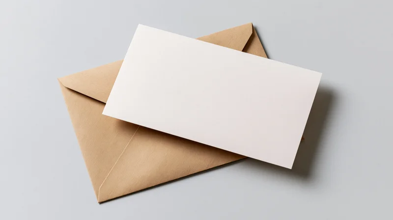 White card resting on kraft envelope on light gray surface