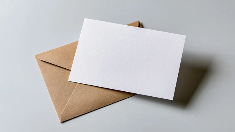 Blank white card resting on a brown kraft envelope on a gray surface