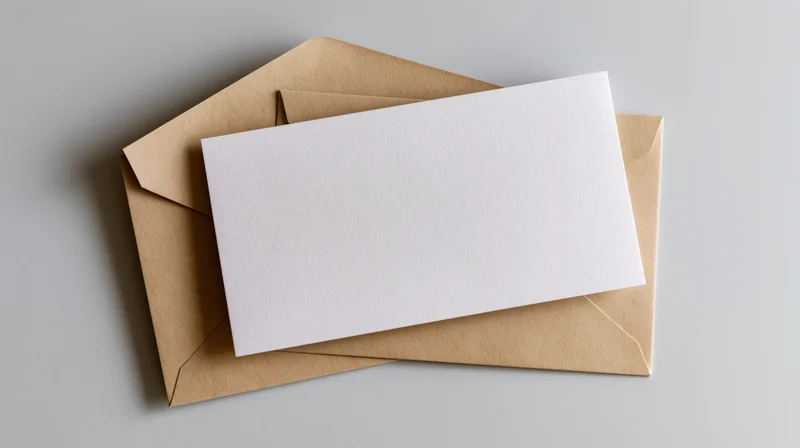 Blank white card resting on open kraft envelope on gray surface
