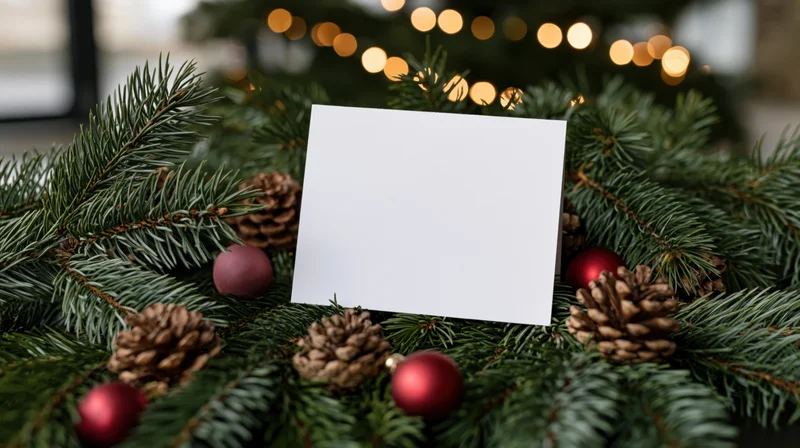 Blank white card standing upright among pine branches and red ornaments on a decorated christmas tree with warm lights in the background