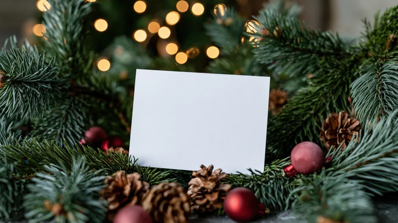 Blank white card standing upright among evergreen wreath with pinecones and red ornaments, warm lights in background