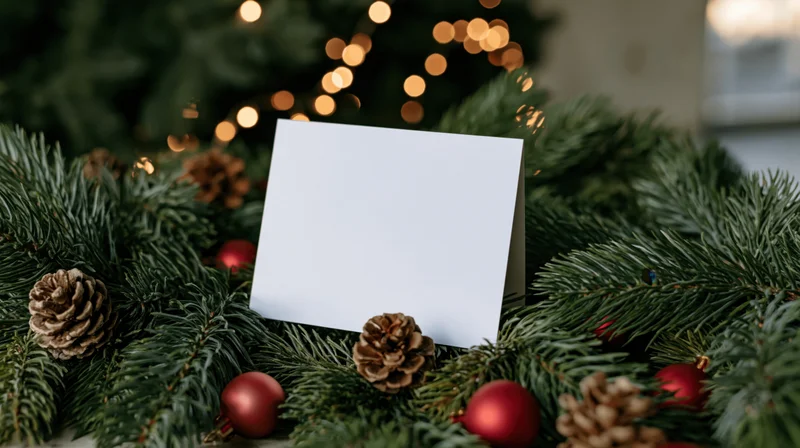 Blank white card standing upright among pine branches and red ornaments with bokeh lights in background
