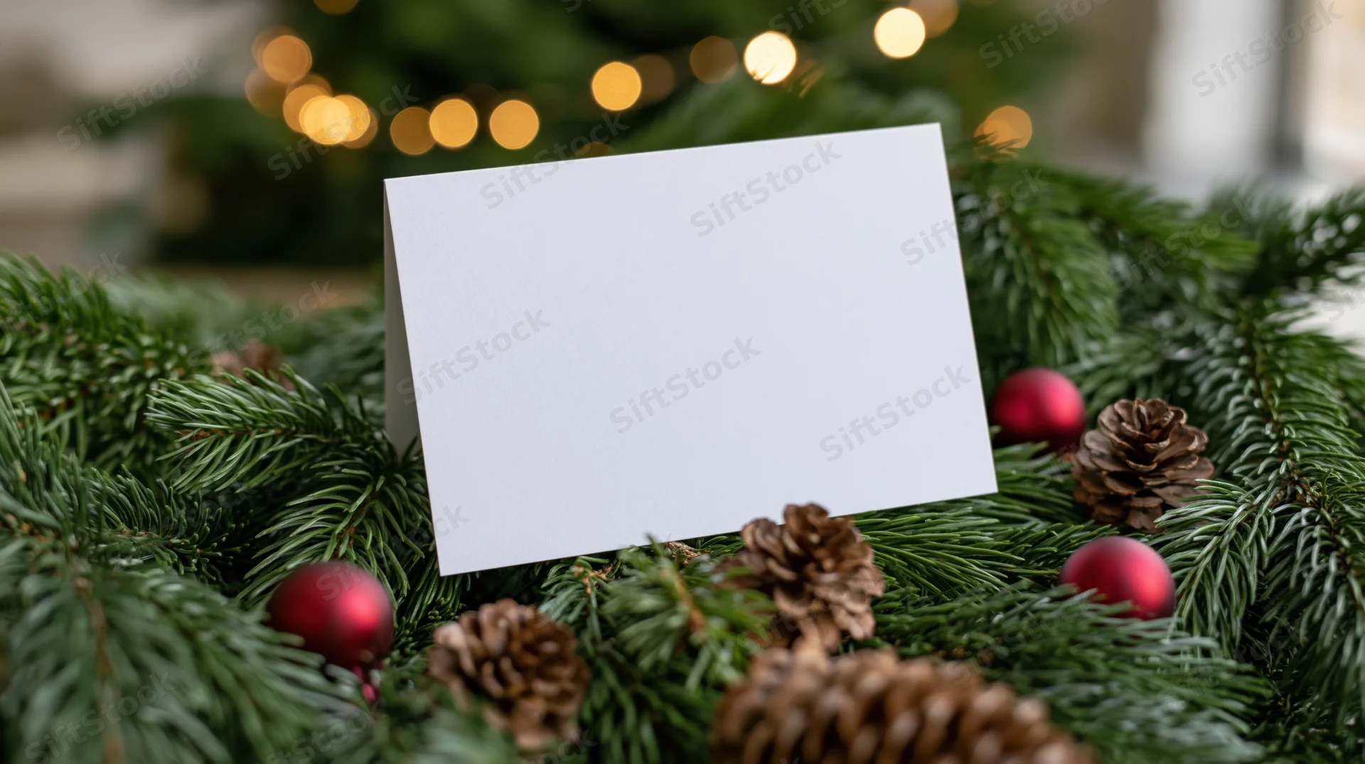 Blank white card standing upright among evergreen branches and pinecones with red ornaments and blurred holiday lights in background