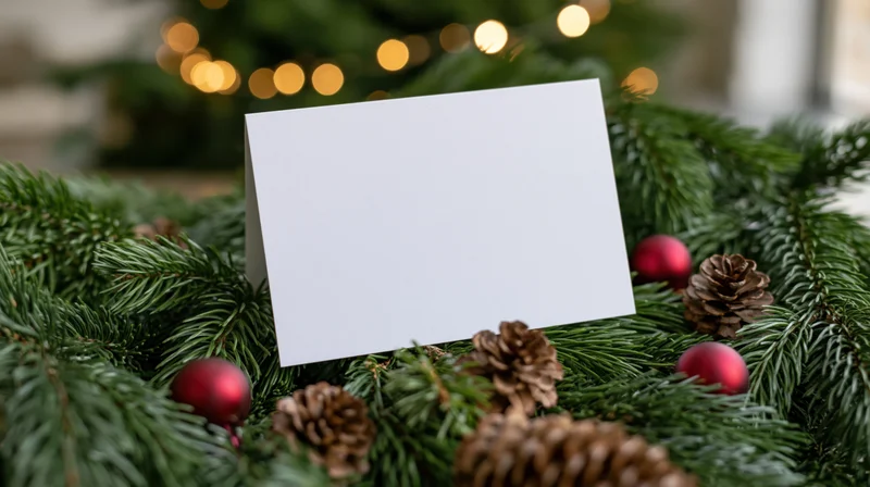 Blank white card standing upright among evergreen branches and pinecones with red ornaments and blurred holiday lights in background