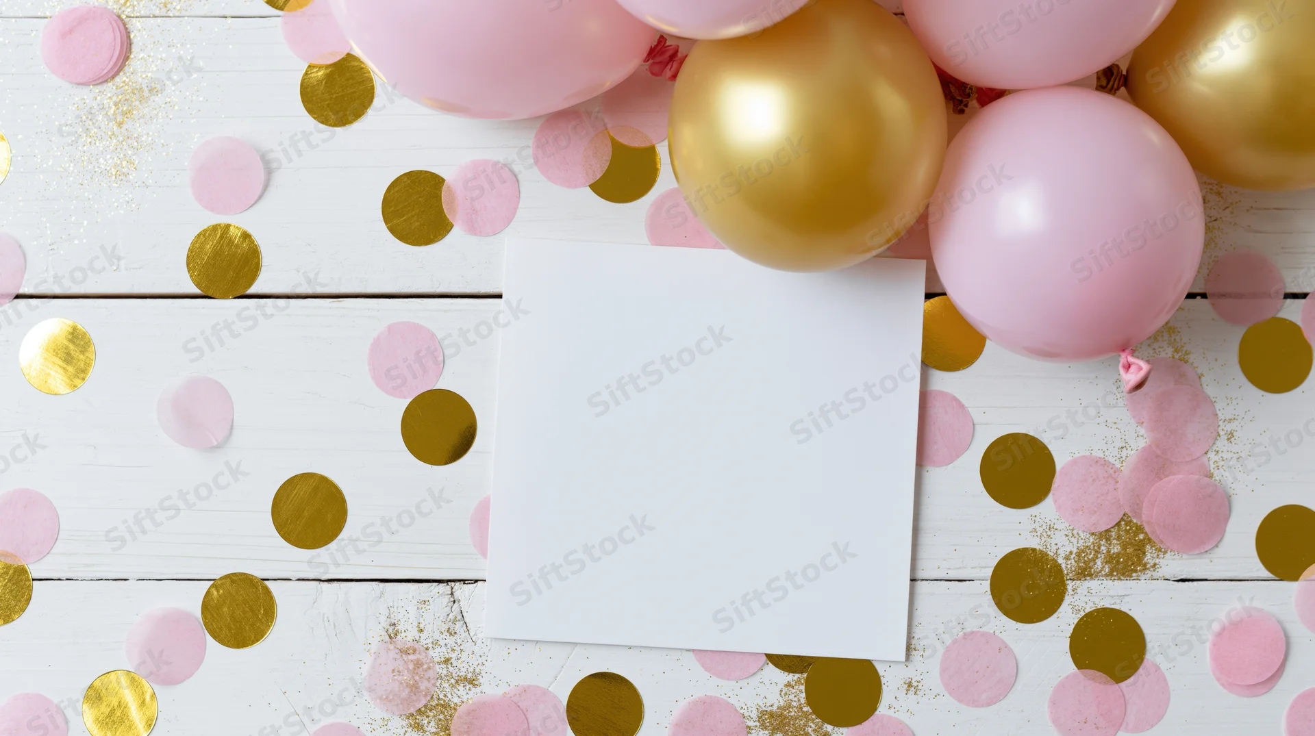 Blank white square card on white wooden surface surrounded by pink and gold balloons and confetti