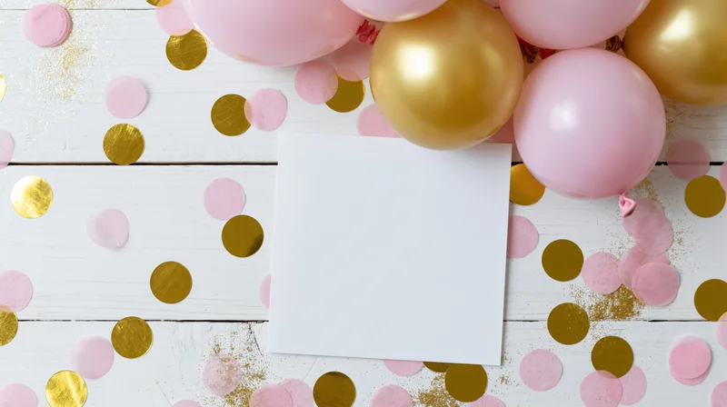 Blank white square card on white wooden surface surrounded by pink and gold balloons and confetti