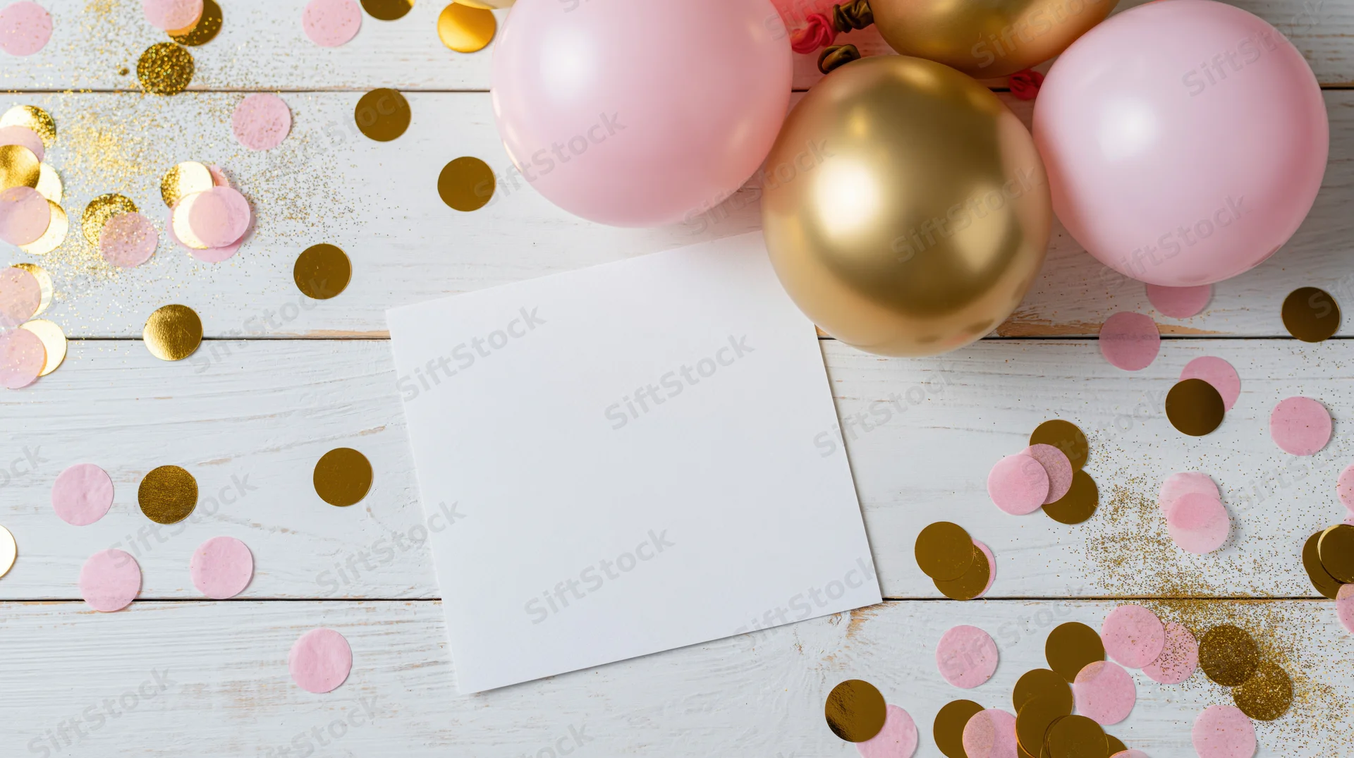 Blank white card lying flat on white wooden surface surrounded by pink and gold balloons and confetti