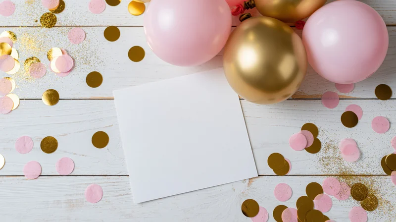 Blank white card lying flat on white wooden surface surrounded by pink and gold balloons and confetti